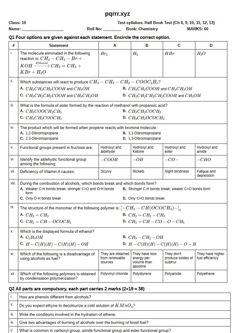 First page of 10th Chemistry – Half book (Chapters 8–13) – Half Book Test, 60 marks (English)