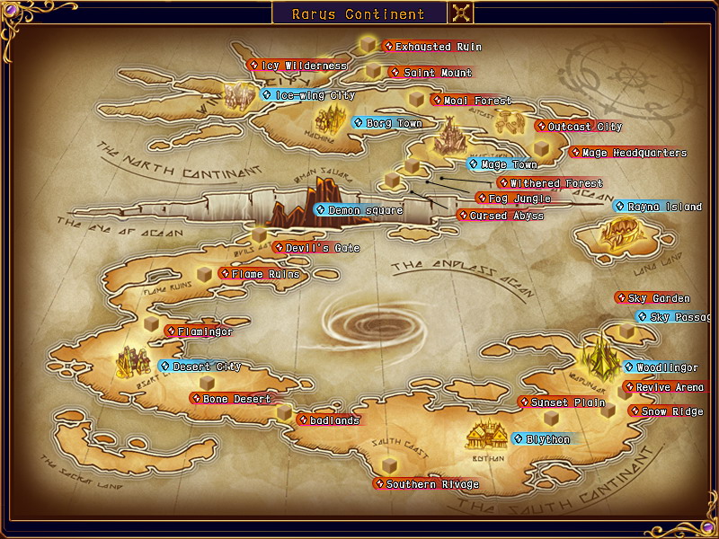 World map of the continent of Rarus, Myth War II.