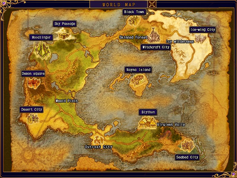 World map of the continent of Rarus, Myth War Online.