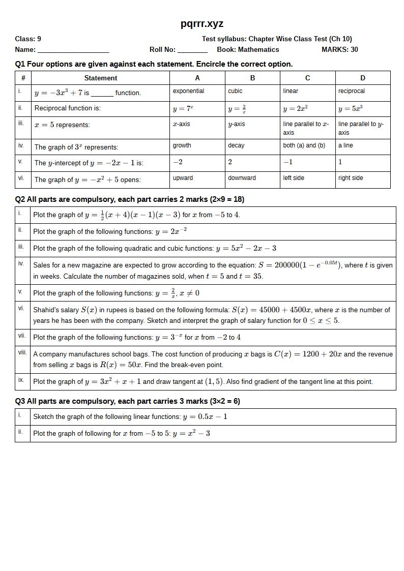 First page of 9th Mathematics – Chapter 10 – Graphs of Functions – Chapter Wise Class Test, 30 marks (English)