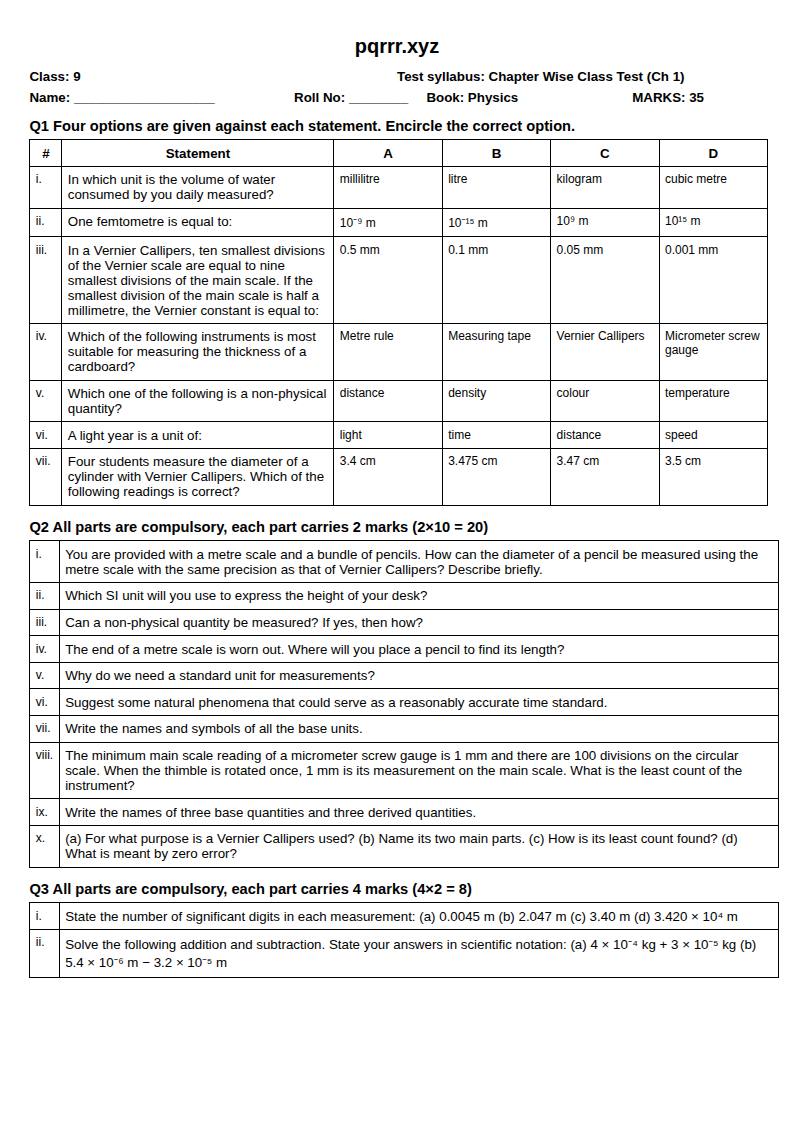 First page of 9th Physics – Chapter 1 – Physical Quantities and Measurements – Chapter Wise Class Test, 35 marks (English)