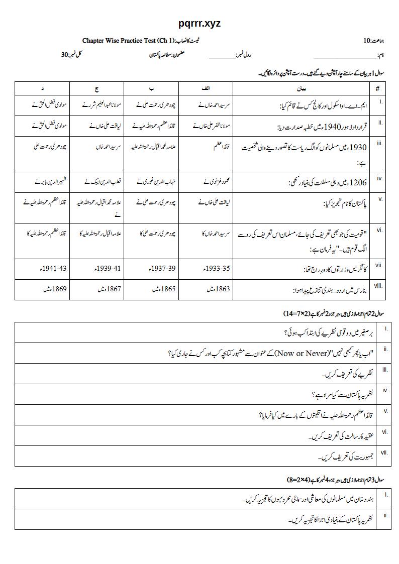 First page of 10th Pak Studies – Chapter 1 – پاکستان کی نظریاتی اساس – Chapter Wise Practice Test, 30 marks (Urdu)