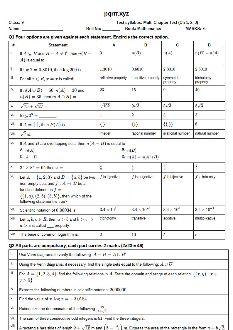 First page of 9th Mathematics – Chapters 1–3 – Multi Chapter Test, 70 marks (English)