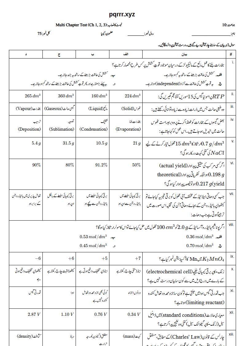 First page of 10th Chemistry – Chapters 1–3 – Multi Chapter Test, 75 marks (Urdu)