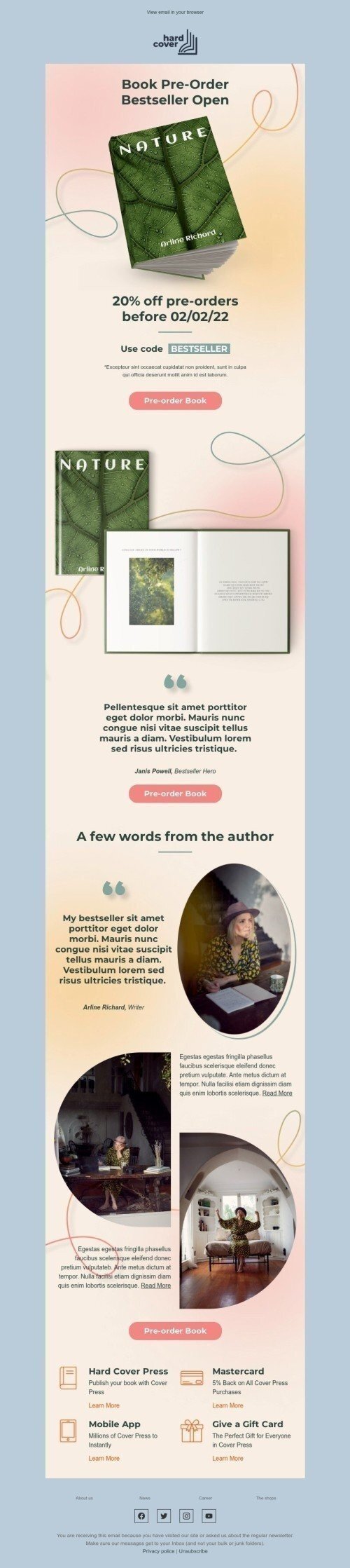 Product Launch Announcement Email Template "Book Pre-Order Bestseller Open" for Books & Presents & Stationery industry