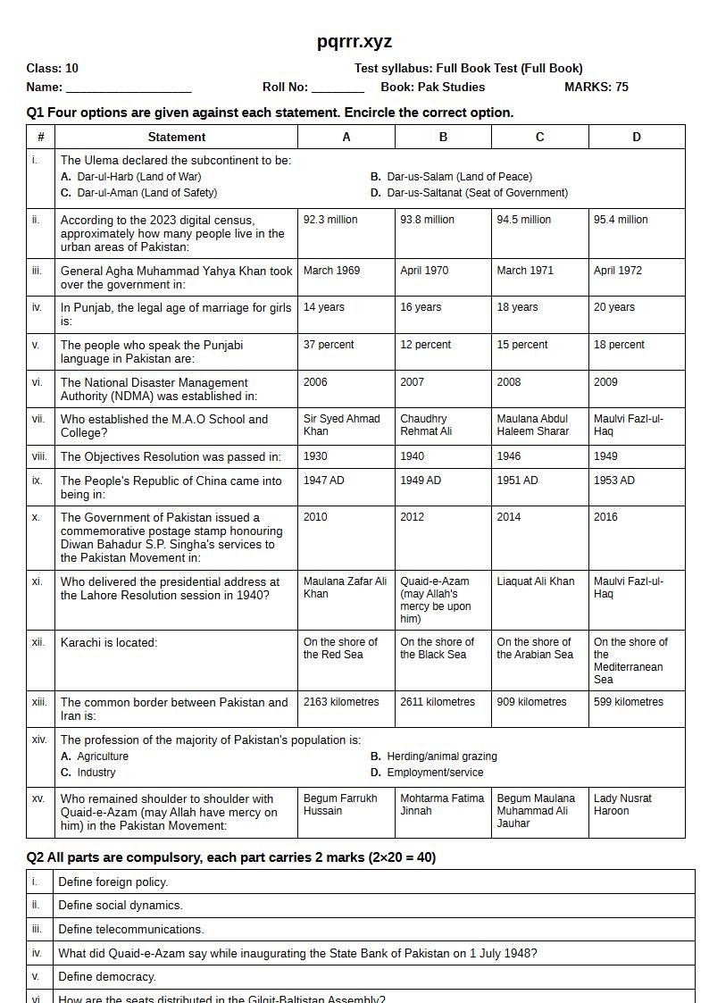 First page of 10th Pak Studies – Complete book – Full Book Test, 75 marks (English)
