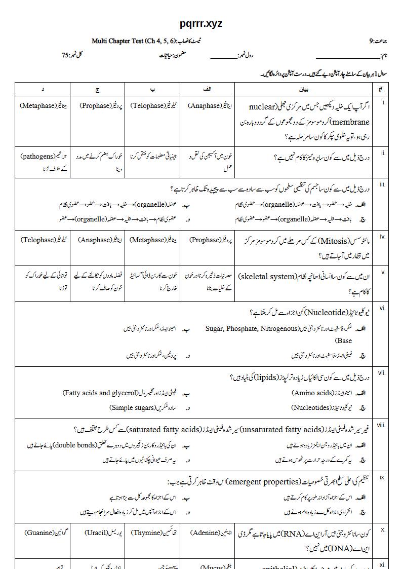 First page of 9th Biology – Chapters 4–6 – Multi Chapter Test, 75 marks (Urdu)