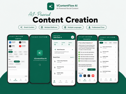 V ContentFlow AI - UI/UX Design, Mobile App Design, Mobile App Development, AI Integration, Prompt Engineering, API Development, Graphic Designing