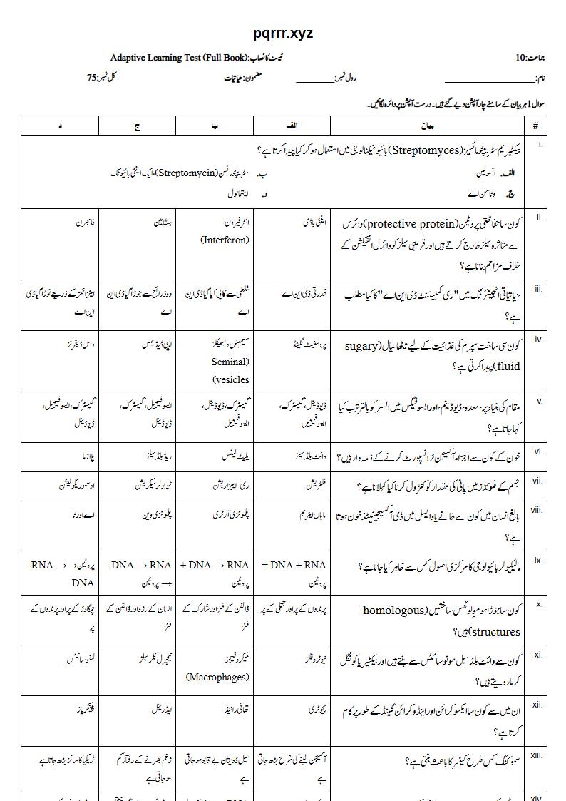 First page of 10th Biology – Complete book – Adaptive Learning Test, 75 marks (Urdu)