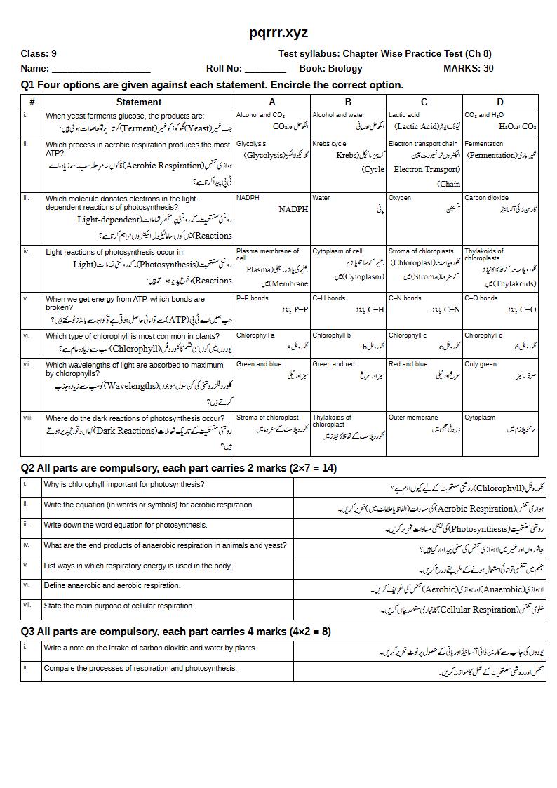 First page of 9th Biology – Chapter 8 – Bioenergetics – Chapter Wise Practice Test, 30 marks (English + Urdu)