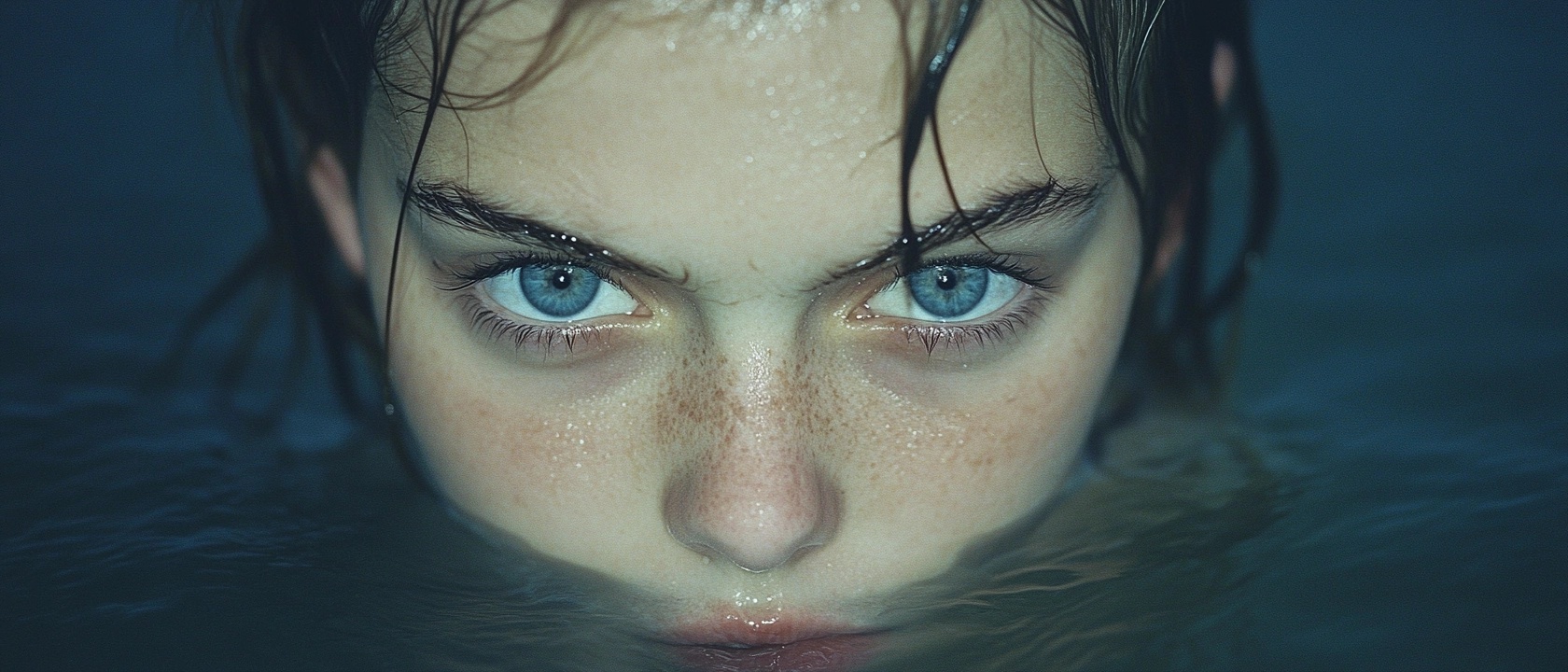 A close-up portrait of a person partially submerged in water, with their striking blue eyes piercing through the surface. The skin is glistening with moisture, accentuating features like freckles and wet hair. The background is blurred, creating a serene and mysterious atmosphere, inviting a sense of introspection and calm.