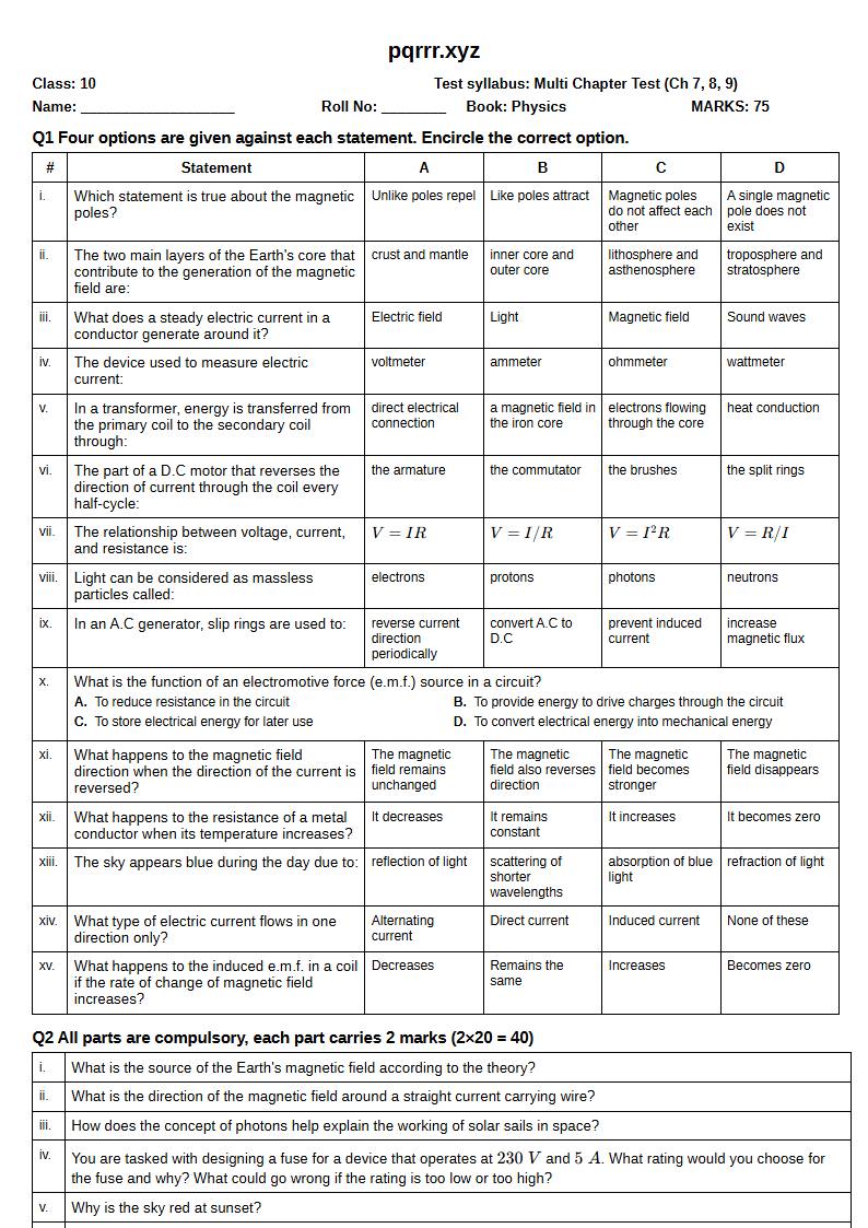 First page of 10th Physics – Chapters 7–9 – Multi Chapter Test, 75 marks (English)