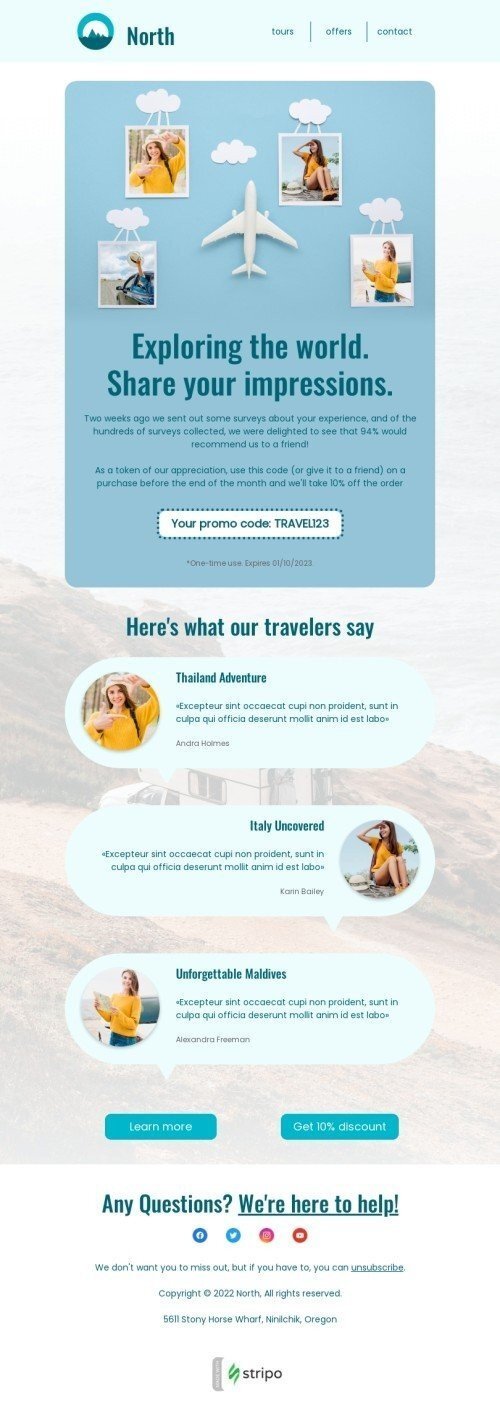 Promo email template "Share your impressions" for travel industry