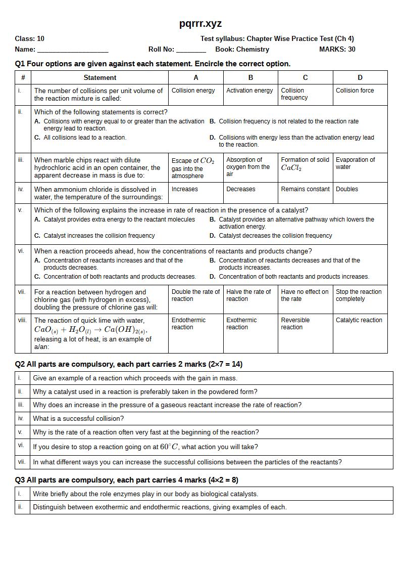First page of 10th Chemistry – Chapter 4 – Reaction Kinetics – Chapter Wise Practice Test, 30 marks (English)