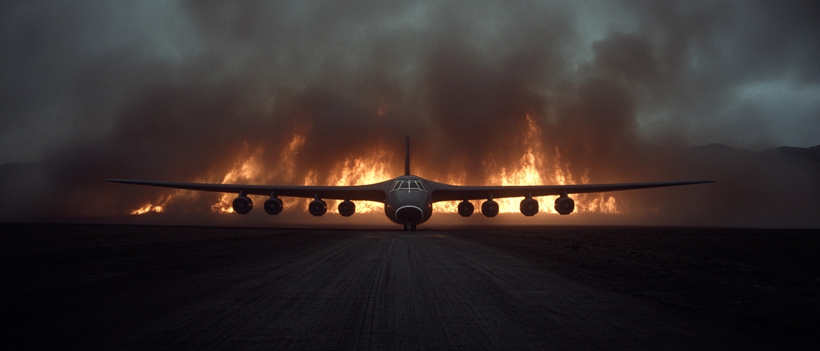A dramatic scene featuring a large aircraft positioned on a dark runway, silhouetted against a backdrop of intense flames and swirling smoke. The atmosphere is thick with tension, suggesting a moment of urgency and uncertainty. The contrasting elements of fire and the sturdy aircraft evoke feelings of destruction and resilience in a surreal, apocalyptic landscape.