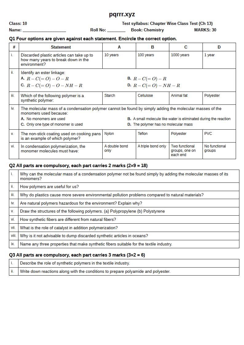 First page of 10th Chemistry – Chapter 13 – Polymers – Chapter Wise Class Test, 30 marks (English)
