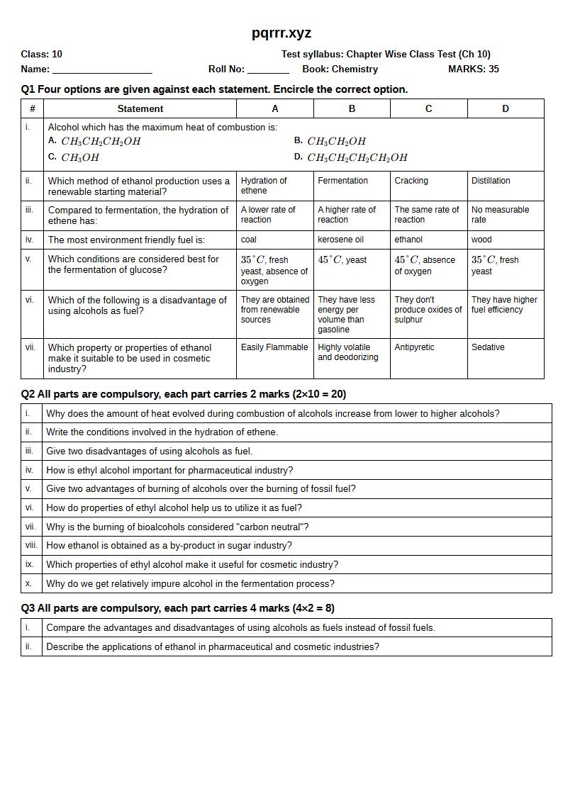 First page of 10th Chemistry – Chapter 10 – Monohydroxy Alkanes or Alcohols – Chapter Wise Class Test, 35 marks (English)