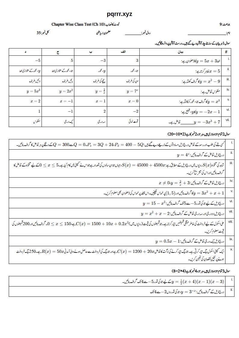 First page of 9th Mathematics – Chapter 10 – Graphs of Functions – Chapter Wise Class Test, 35 marks (Urdu)