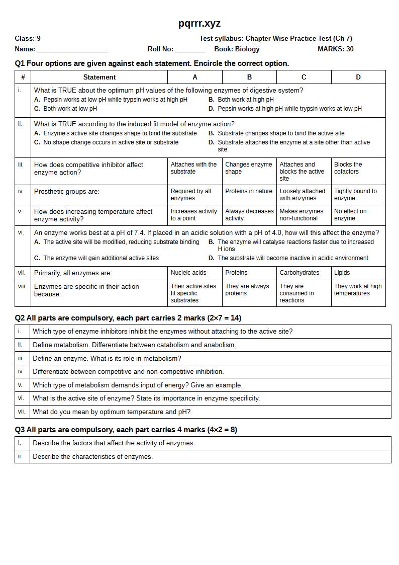 First page of 9th Biology – Chapter 7 – Enzymes – Chapter Wise Practice Test, 30 marks (English)