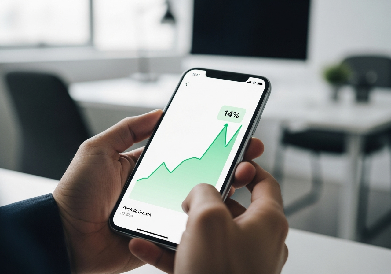 Smartphone mit Finanz-App und 14% Aufwärtstrend