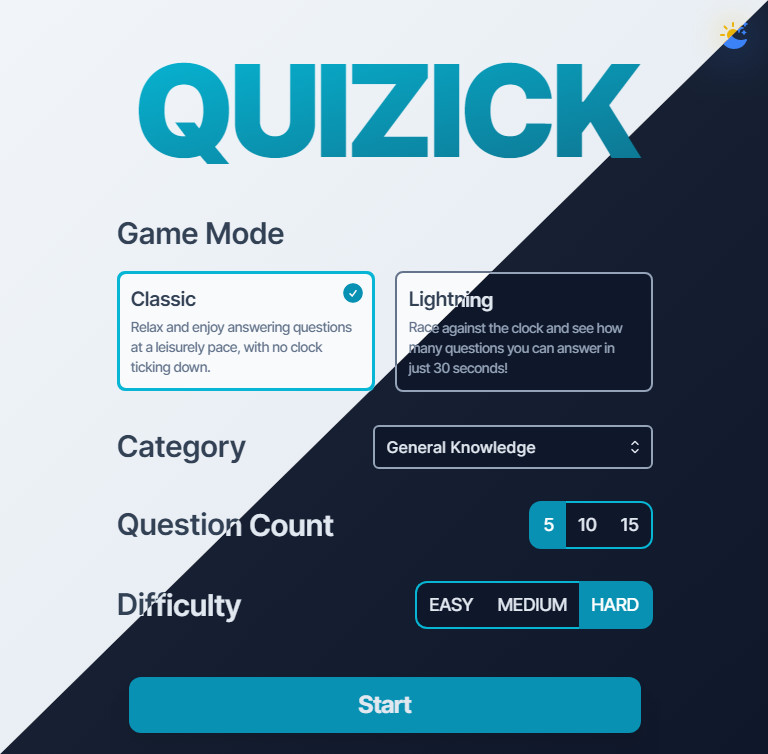 screenshot of the quiz app's homepage which shows the ways you can customize questions