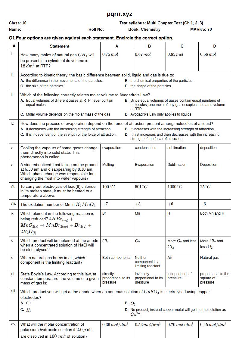 First page of 10th Chemistry – Chapters 1–3 – Multi Chapter Test, 70 marks (English)
