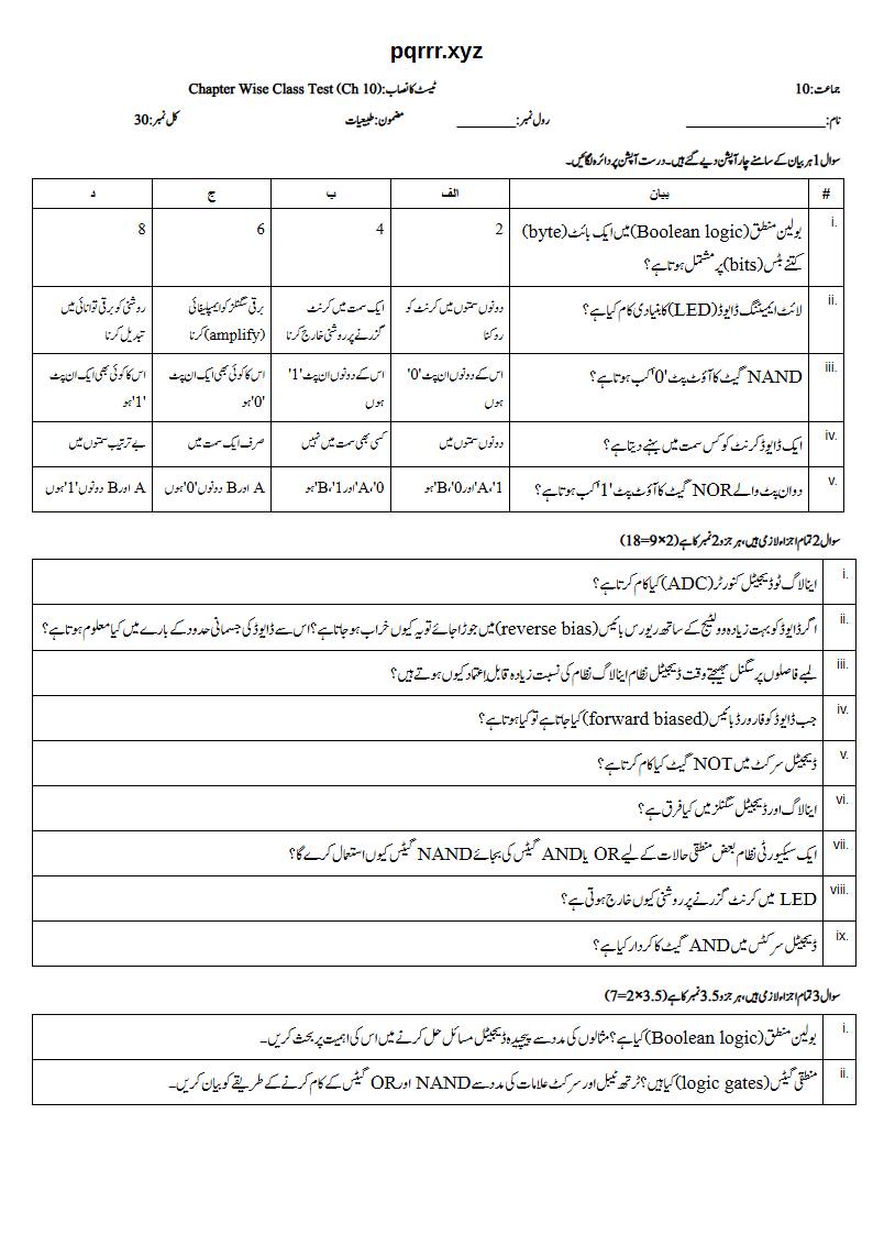 First page of 10th Physics – Chapter 10 – Electronics – Chapter Wise Class Test, 30 marks (Urdu)