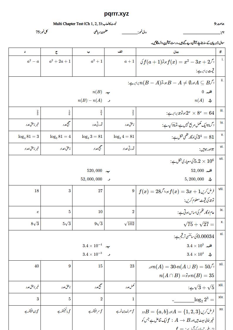 First page of 9th Mathematics – Chapters 1–3 – Multi Chapter Test, 75 marks (Urdu)