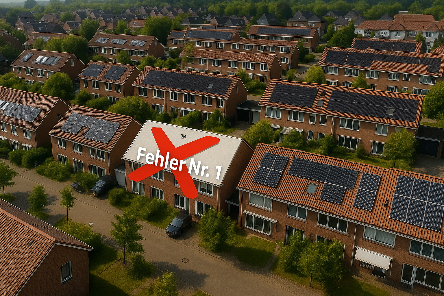 Drohnenaufnahme einer typischen NRW-Reihenhaussiedlung mit Fehler Nr. 1 Markierung