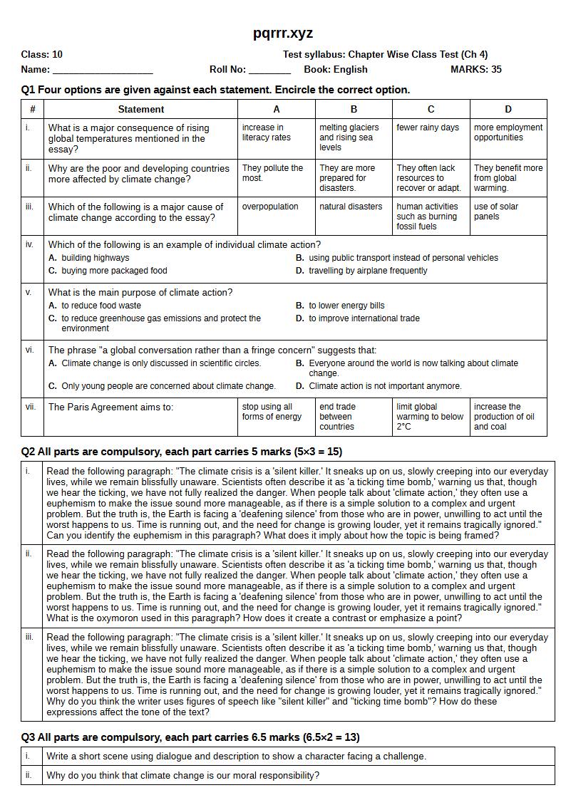 First page of 10th English – Chapter 4 – The Earth: Act Now for Tomorrow – Chapter Wise Class Test, 35 marks (English)