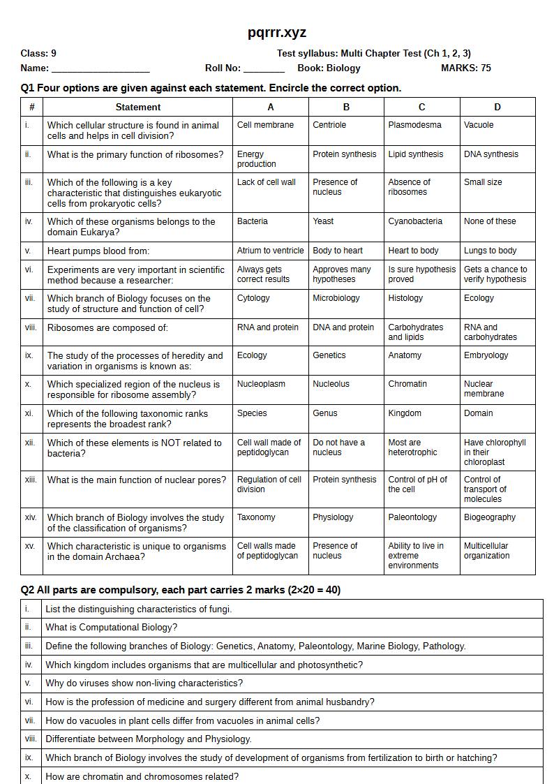 First page of 9th Biology – Chapters 1–3 – Multi Chapter Test, 75 marks (English)