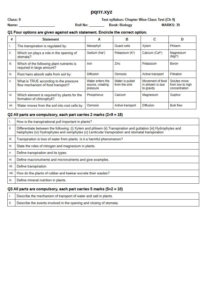 First page of 9th Biology – Chapter 9 – Plant Physiology – Chapter Wise Class Test, 35 marks (English)