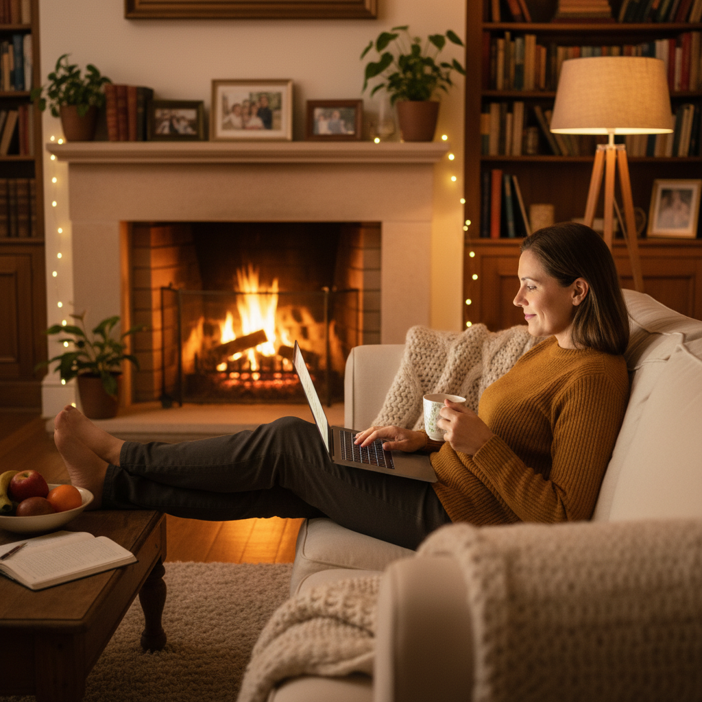 Relaxed person on sofa completing will on laptop at home