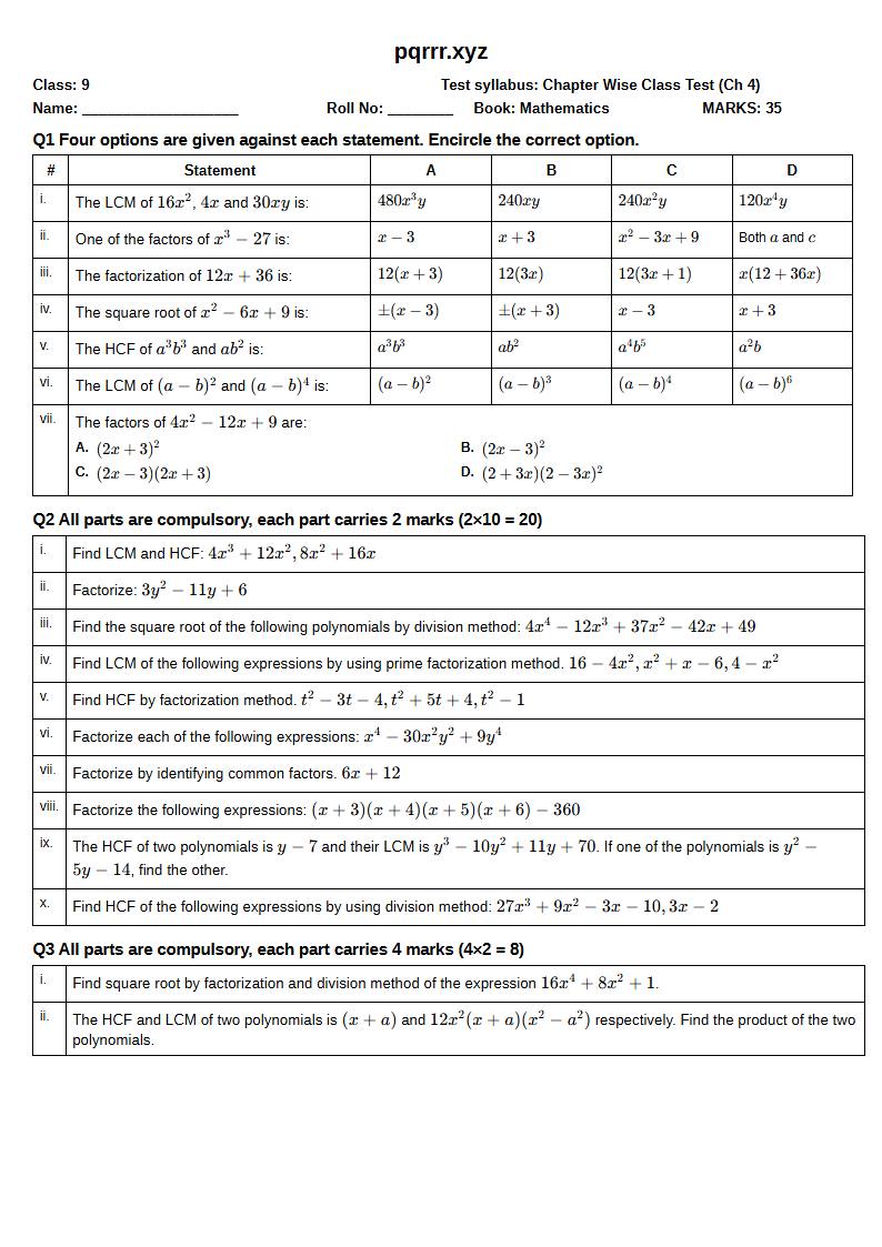 First page of 9th Mathematics – Chapter 4 – Factorization and Algebraic Manipulation – Chapter Wise Class Test, 35 marks (English)