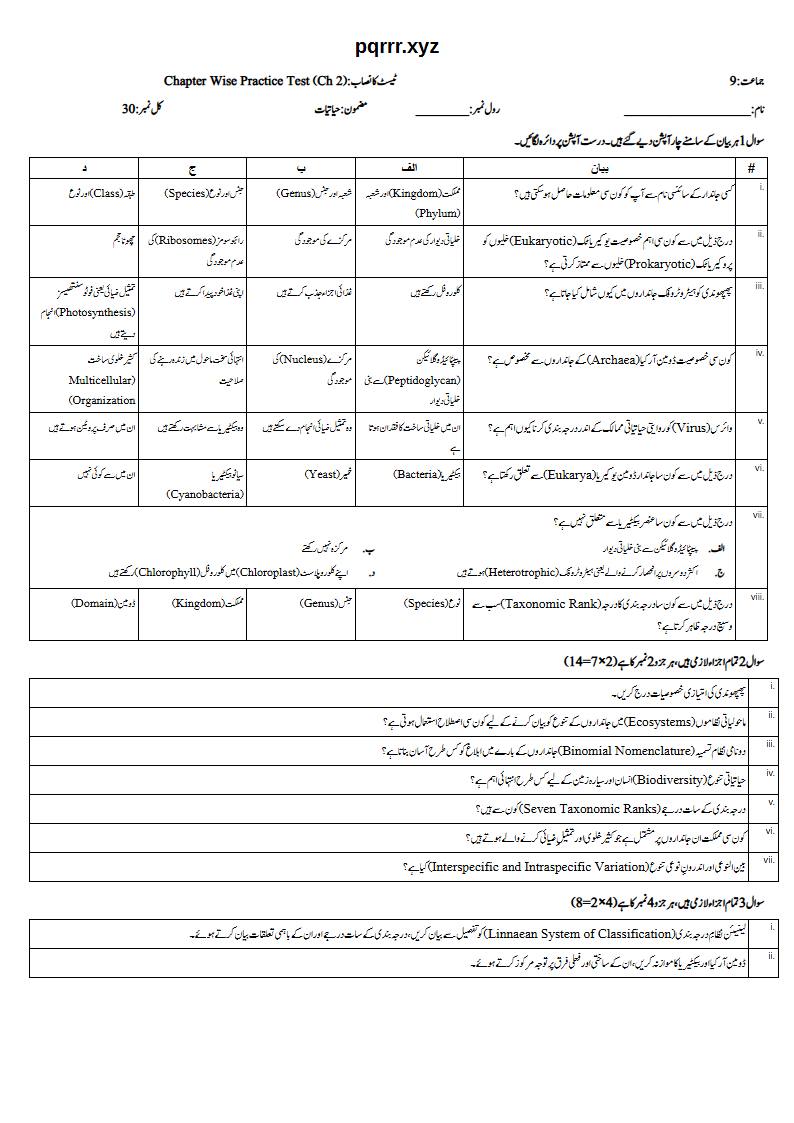 First page of 9th Biology – Chapter 2 – Biodiversity – Chapter Wise Practice Test, 30 marks (Urdu)