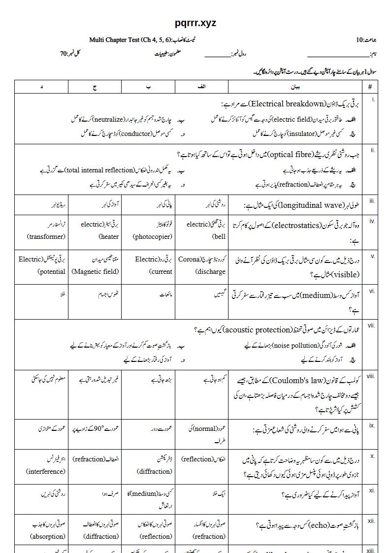 First page of 10th Physics – Chapters 4–6 – Multi Chapter Test, 70 marks (Urdu)