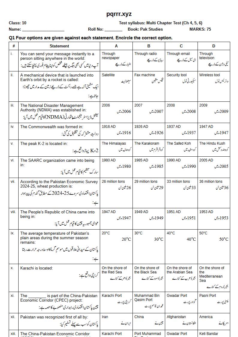 First page of 10th Pak Studies – Chapters 4–6 – Multi Chapter Test, 75 marks (English + Urdu)