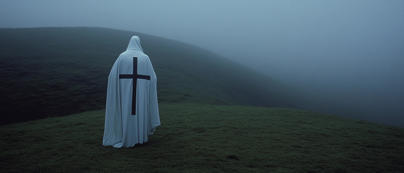A cloaked figure stands alone on a fog-covered hill, enveloped in a serene yet eerie atmosphere. The mist adds a sense of mystery to the landscape, emphasizing solitude and contemplation. The figure, clad in white with a prominent black cross, is contrasted against the lush green terrain and the soft, blurred hills beyond.
