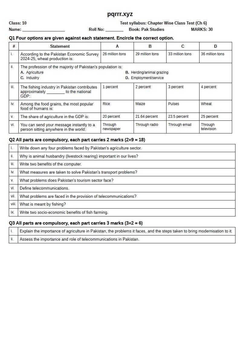First page of 10th Pak Studies – Chapter 6 – پاکستان کے وسائل اور معاشی ترقی – Chapter Wise Class Test, 30 marks (English)