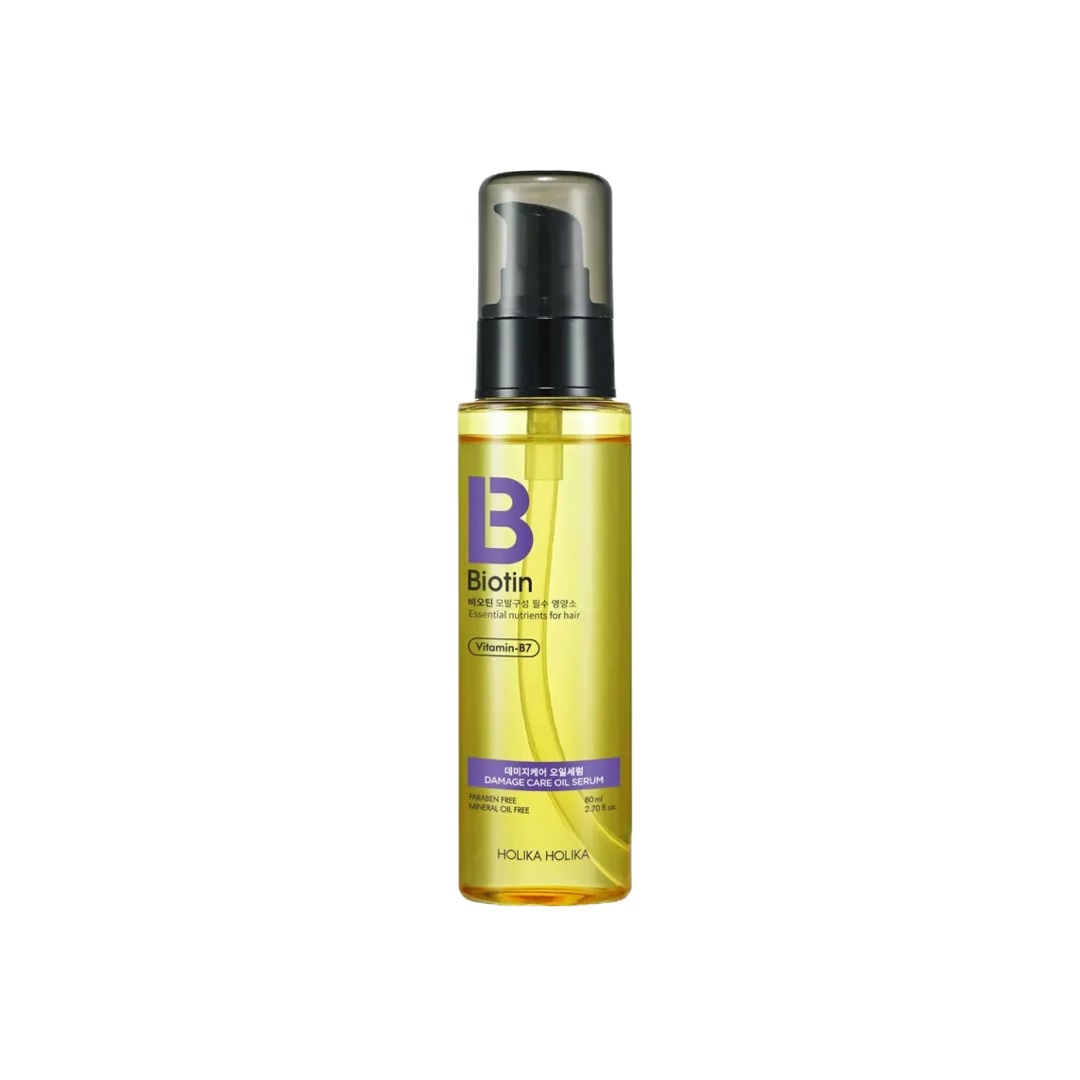 BDyana Holika Biotin Damage Care Oil Serum 80 ml | A water-soluble vitamin that contributes to the production of healthy hair. Also known as Vitamin B7, it acts as a coenzyme within the body. This vitamin can help stimulate hair growth, and can even thicken thinning hair. Biotin will help moisturize your hair and keep it from becoming brittle, preventing breakage.