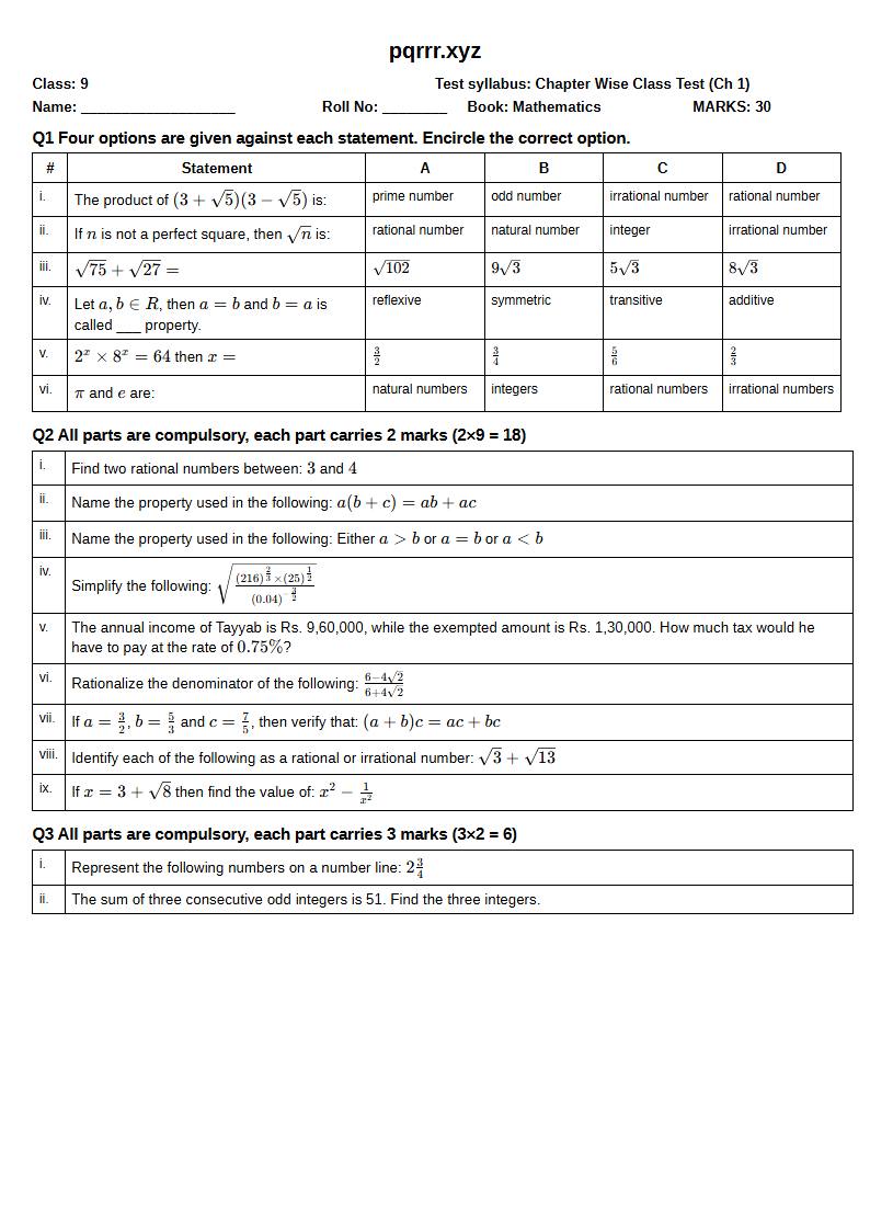 First page of 9th Mathematics – Chapter 1 – Real Numbers – Chapter Wise Class Test, 30 marks (English)