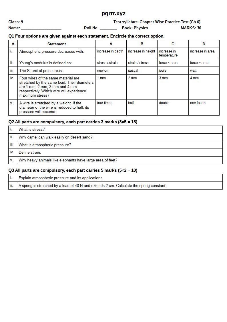 First page of 9th Physics – Chapter 6 – Properties of Matter – Chapter Wise Practice Test, 30 marks (English)