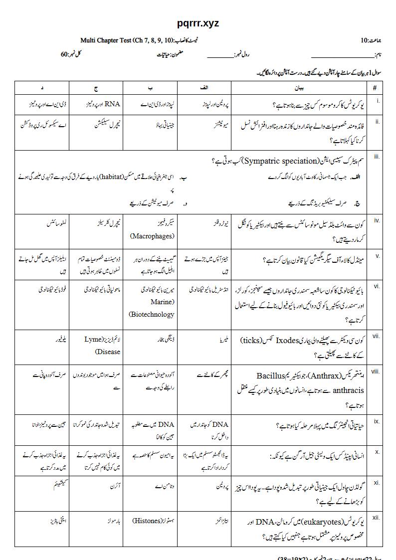 First page of 10th Biology – Chapters 7–10 – Multi Chapter Test, 60 marks (Urdu)