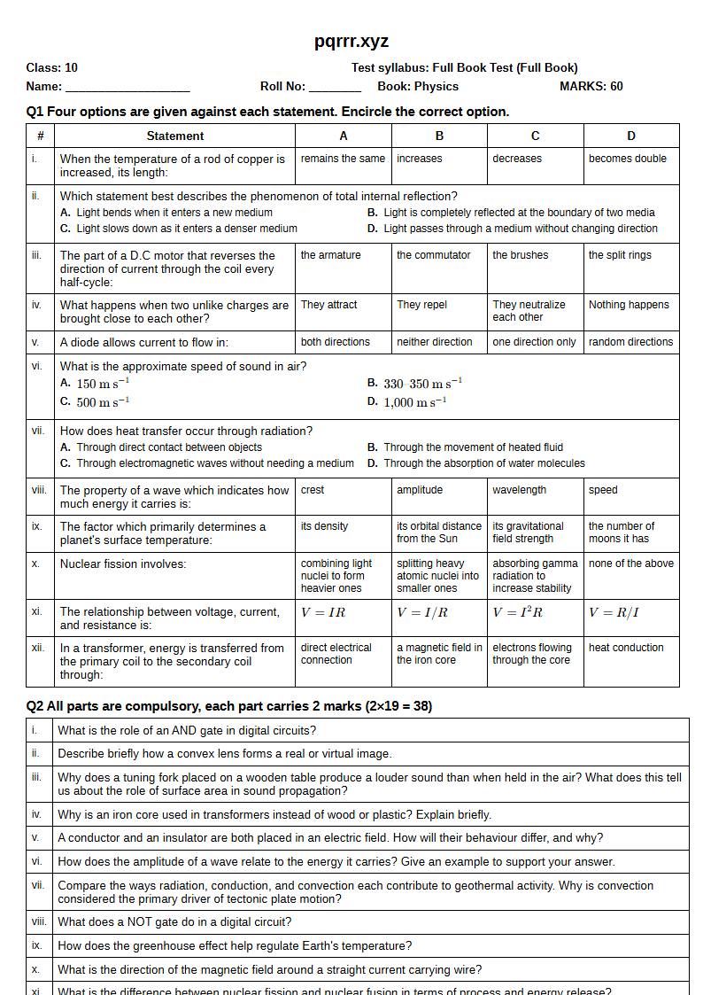 First page of 10th Physics – Complete book – Full Book Test, 60 marks (English)