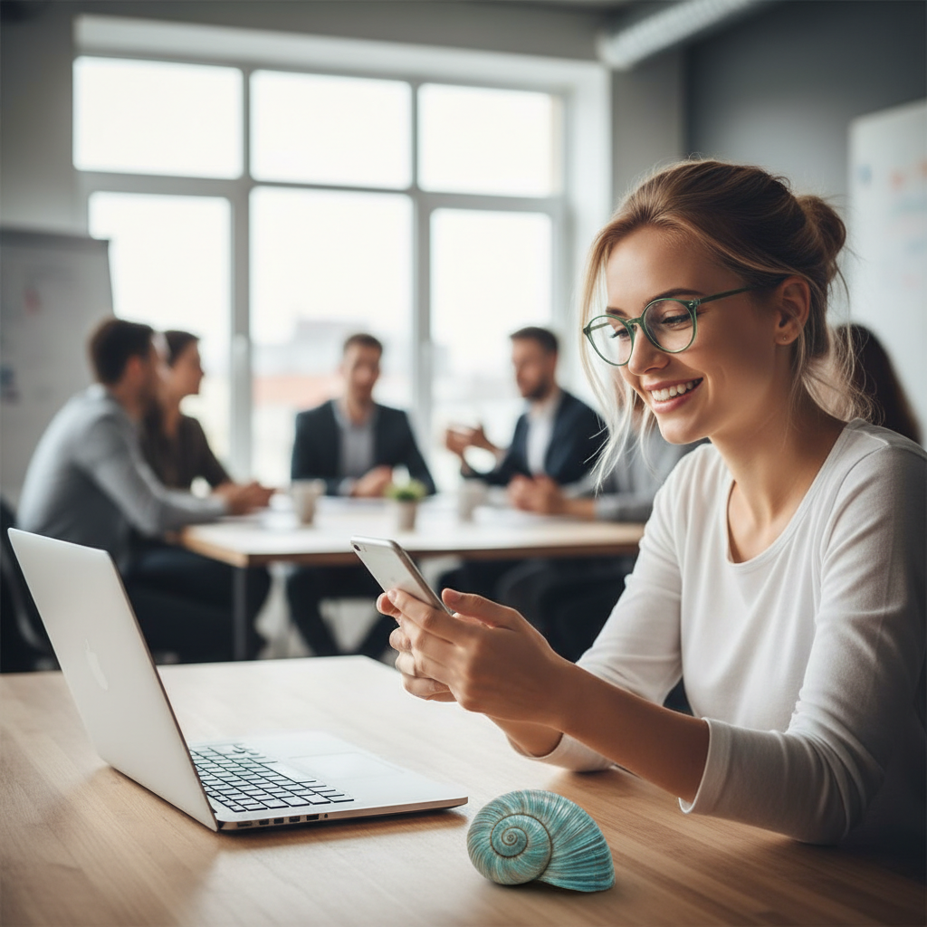 Junge Frau in einem Co-Working-Space, die lächelnd in ihr Smartphone blickt; im Hintergrund Team im Meeting; grün gerahmte Brille; Muschel auf dem Tisch.