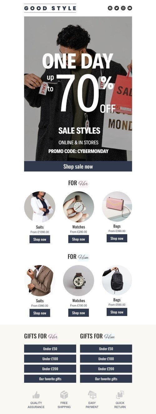 Cyber Monday email template "One day sale" for fashion industry