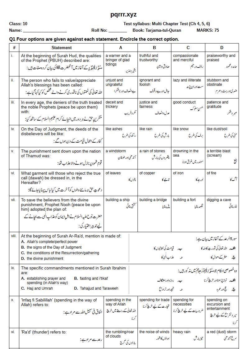 First page of 10th Tarjama-tul-Quran – Chapters 4–6 – Multi Chapter Test, 75 marks (English + Urdu)