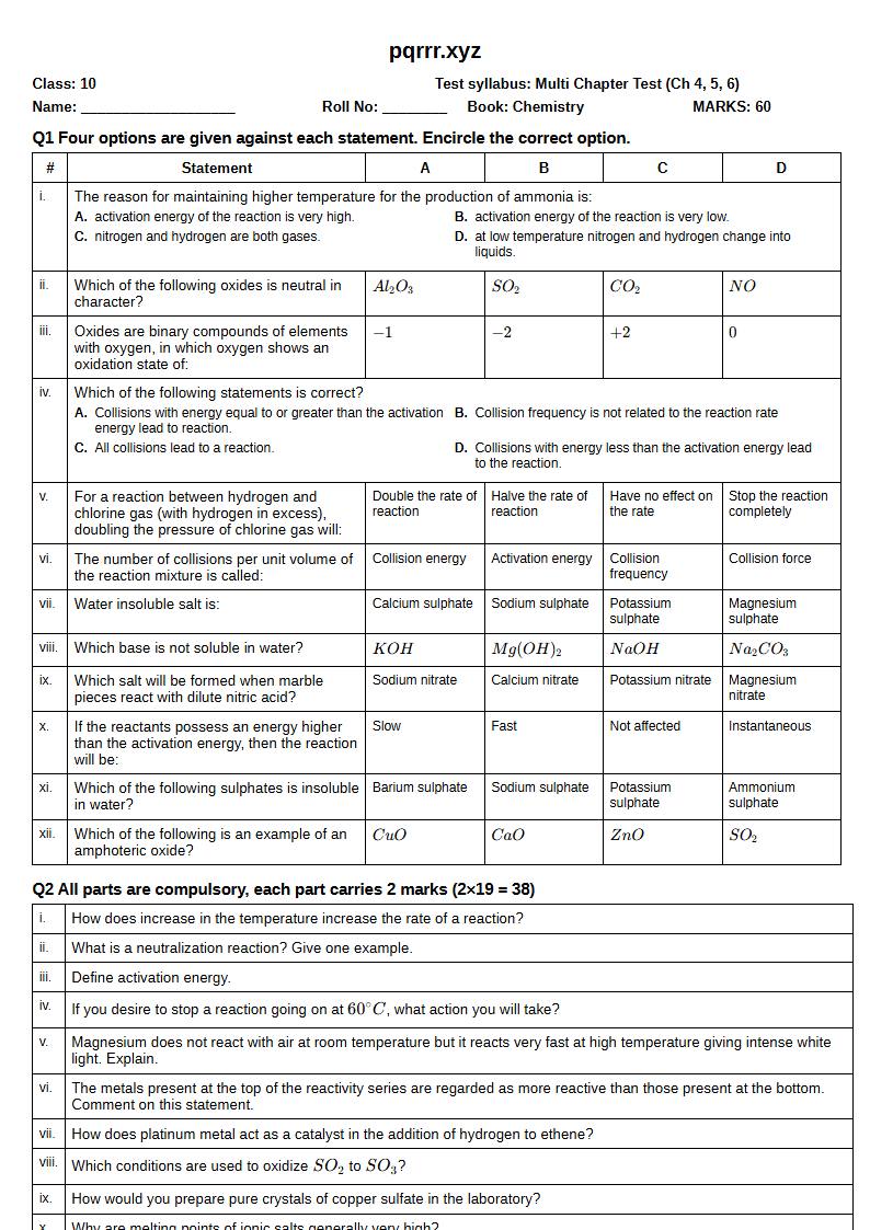 First page of 10th Chemistry – Chapters 4–6 – Multi Chapter Test, 60 marks (English)