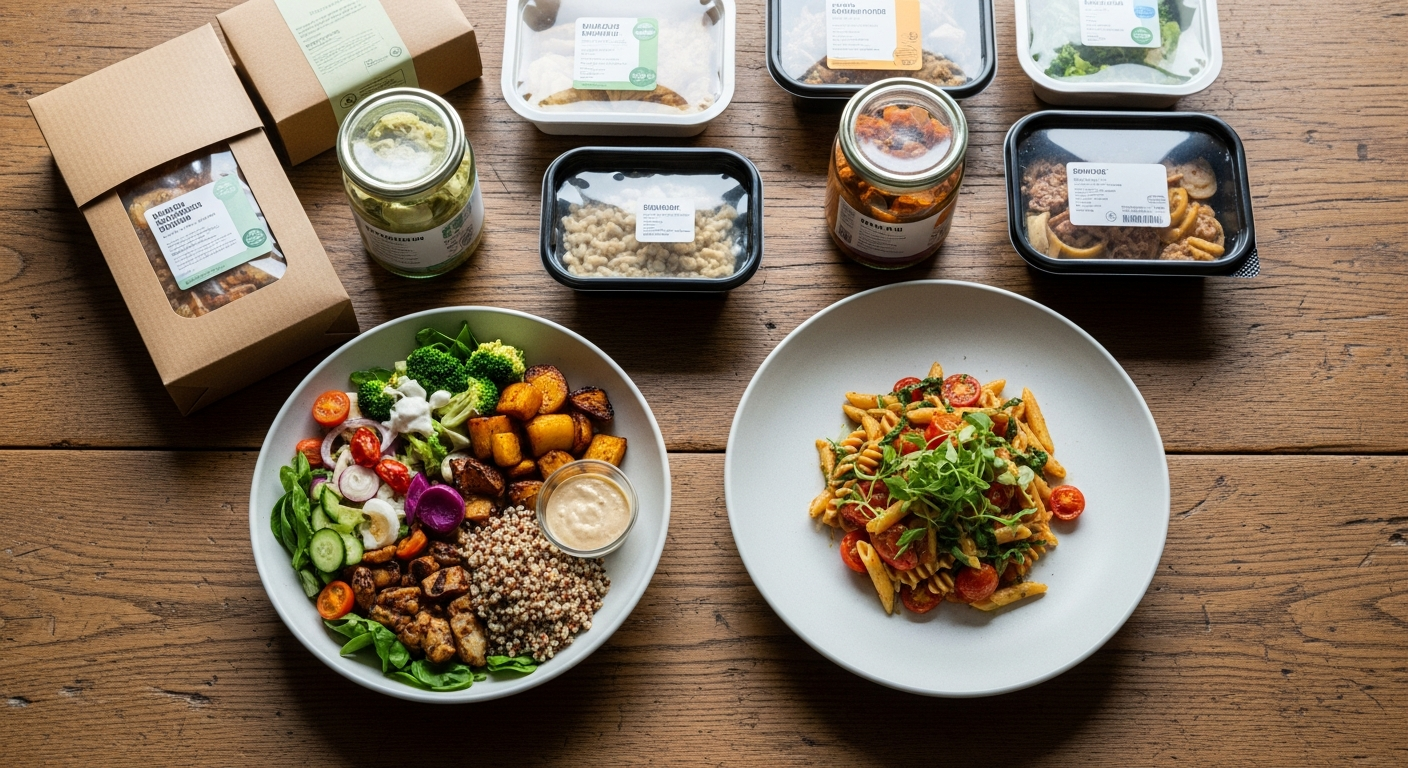 Top-Down-Ansicht moderner Ready Meals auf rustikalem Holztisch