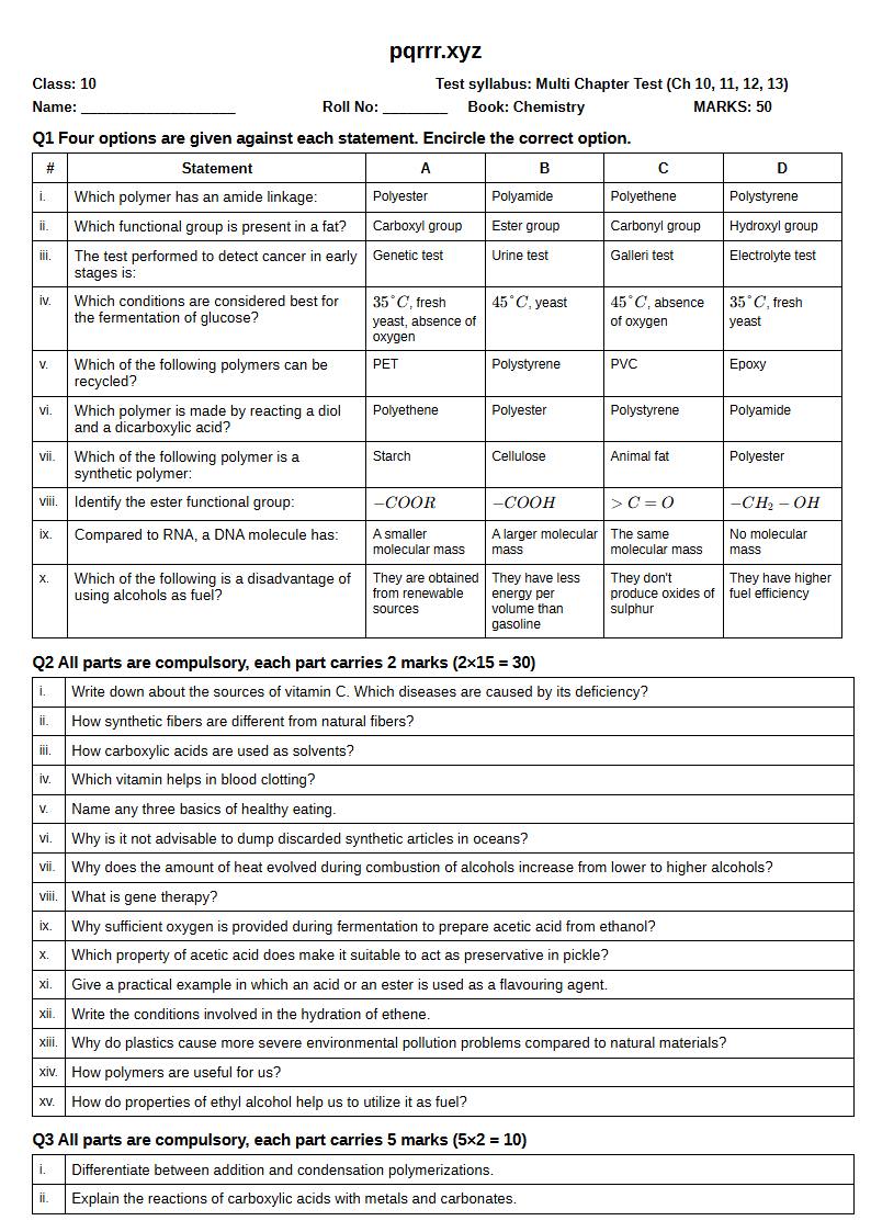 First page of 10th Chemistry – Chapters 10–13 – Multi Chapter Test, 50 marks (English)